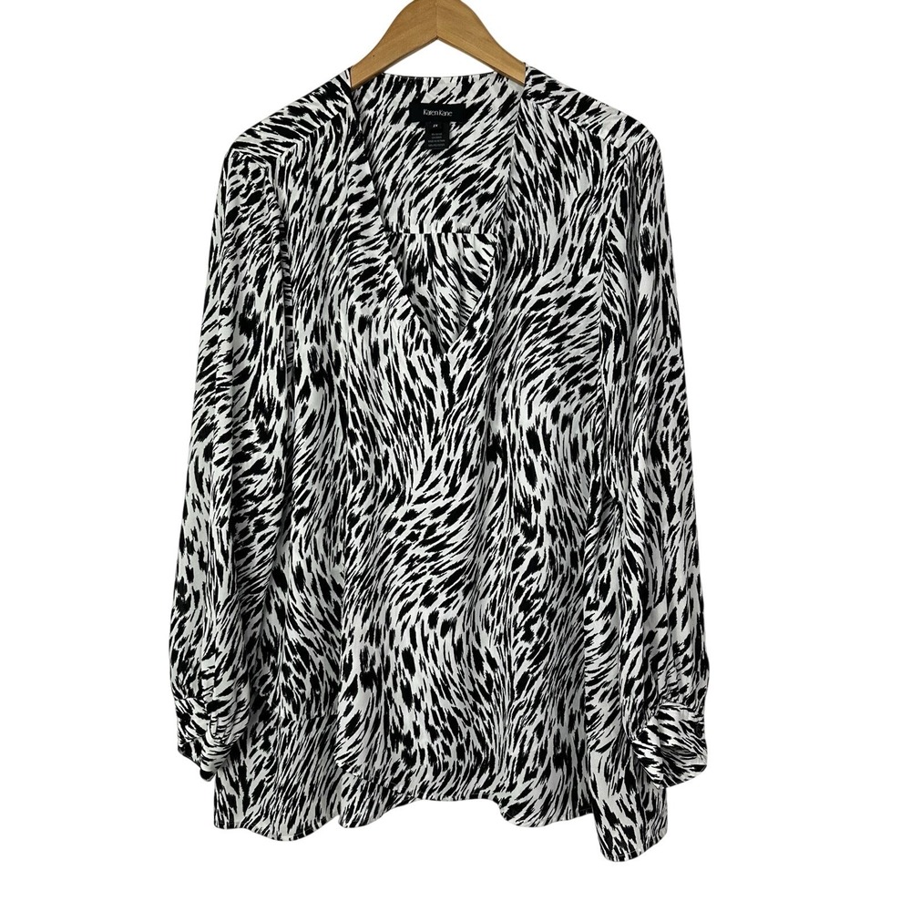 Karen Kane Popover‎ Blouse Womens 2X Black White Animal Print Career Chic Office